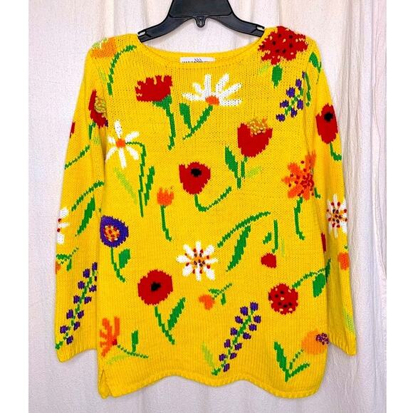 Vintage 1990s Marisa Christina Floral Sweater Cotton Blend Small Yellow Multi - Picture 2 of 10